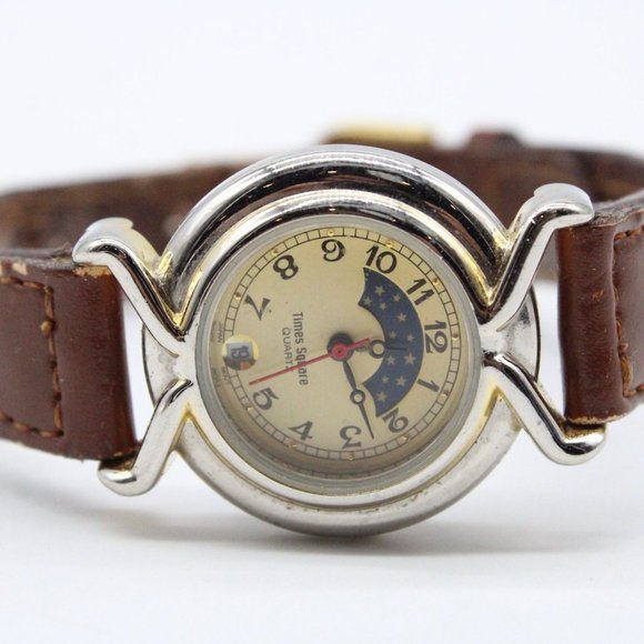 Vintage Time Square Watch Womens Silver Tone Moonphase Brown Leather Band - Picture 6 of 8
